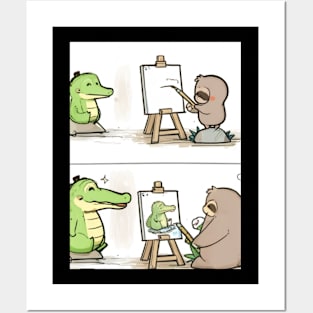 funny sloth drawing crocodile Posters and Art